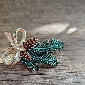 Gold Bow with Pinecone and Green Leaf Brooch